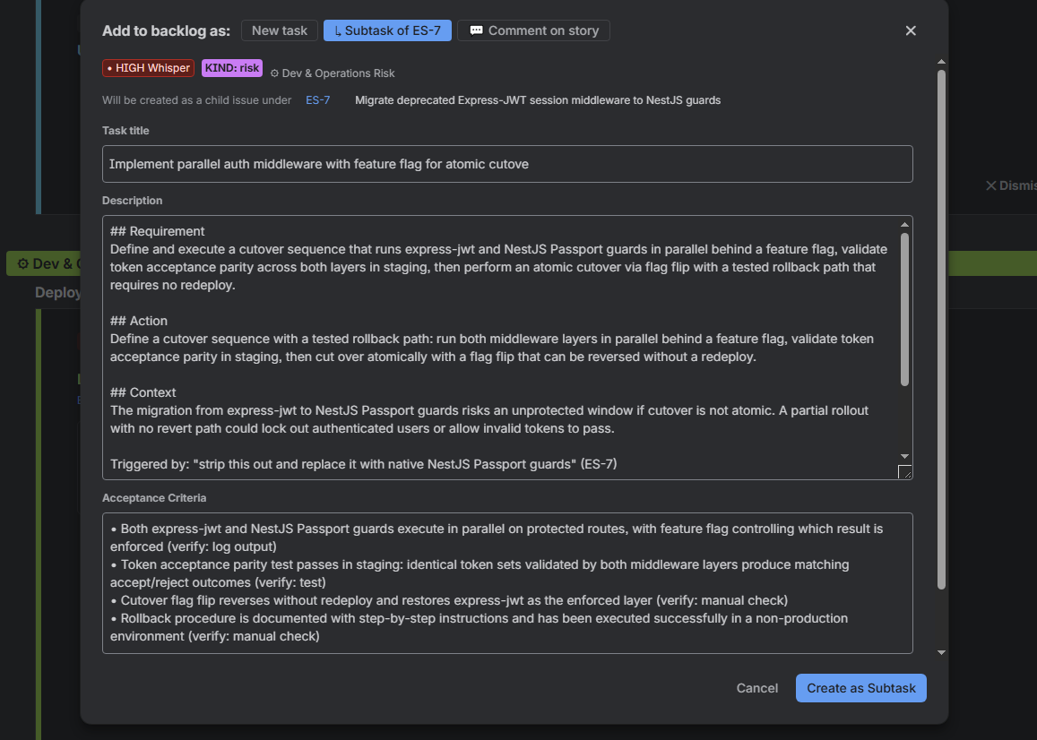 The Backlog Whisper "Add to backlog" modal in Jira, with New task, Subtask and Comment options, a drafted task title, a description containing Requirement, Action and Context sections, and four generated acceptance criteria.